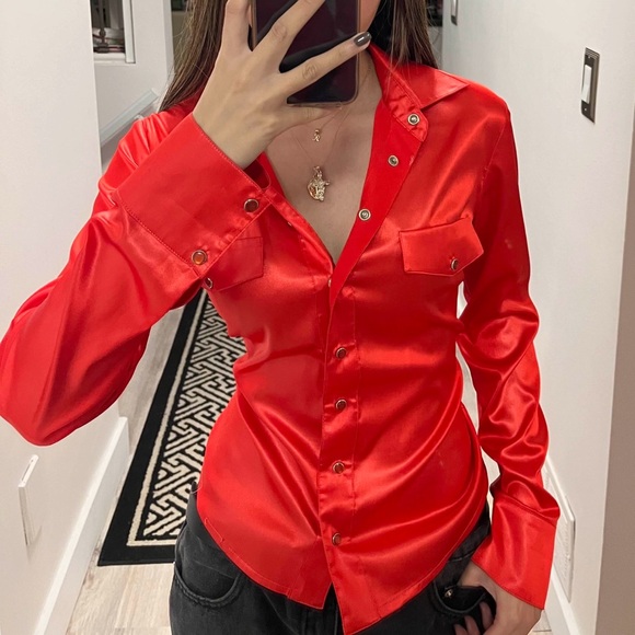 Satin Red Button Up Blouse - Picture 2 of 2